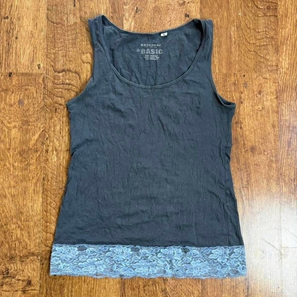 grey Broadway NYC Fashion Basic tank top with blue lace trim, minor flaw in pics